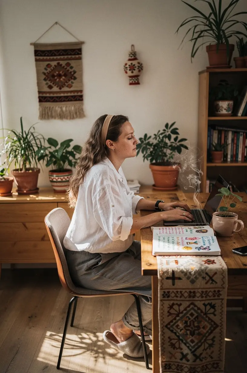 Žmogaus ranka laikanti arbatos puodelį prie lango, fone matomas rami gamtos peizažas, skatinantis atsipalaidavimą ir dėmesingumą.