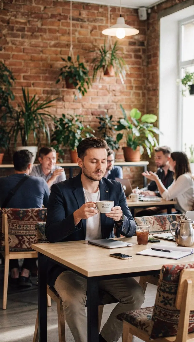 Arbatos puodelis su žolelių arbata ant darbo stalo šalia užrašų knygelės ir akinių, simbolizuojantis sąmoningą pertrauką darbo dienoje.